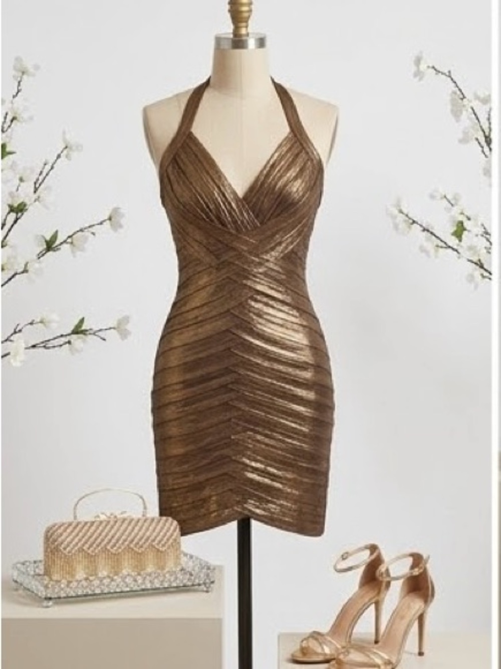 BCBG Metallic Gold Bodycon Halter Cocktail Dress